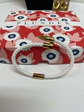 Plunder White Braided Leather Bracelet with Gold-Tone Bullet Ends